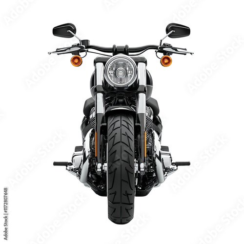 Motorcycle Front View: A modern motorcycle, photographed from the front, showcasing its robust design, engine and headlights, embodying the spirit of open roads and motorcycle culture.