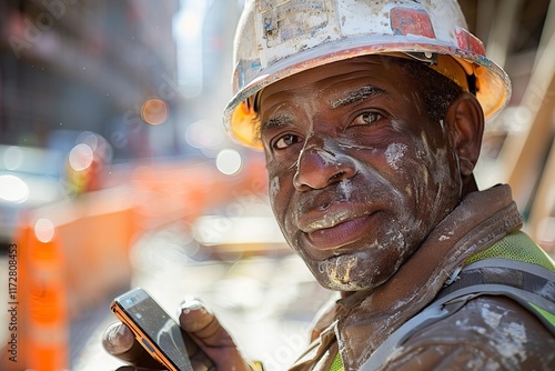 Wallpaper Mural Builder Holding Hardhat and Using Cellphone in Close-up Shot Torontodigital.ca