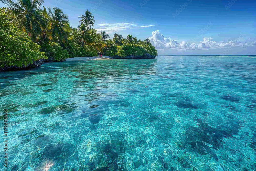 Fototapeta premium Tropical island beach with turquoise water, lush palms, sunny sky, clouds, ideal travel destination