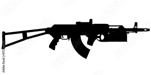 Black rifle with a silencer. The gun is in a black and white illustration