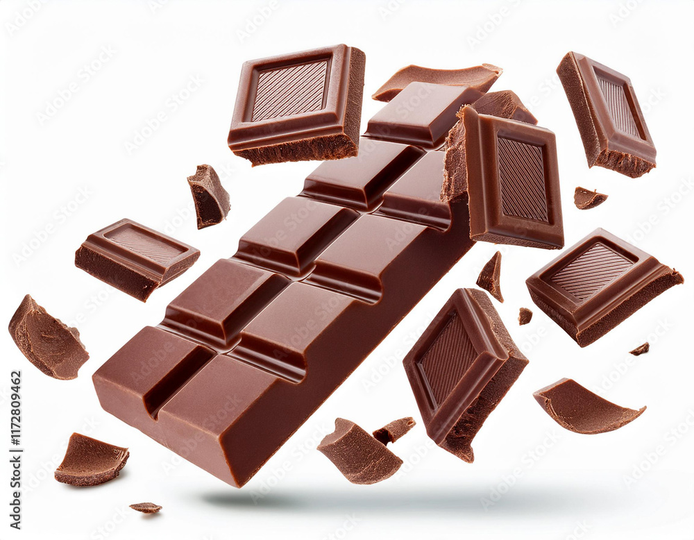 Fototapeta premium Milk chocolate bars floating with pieces, on white background. Flying dark chocolate pieces, isolated