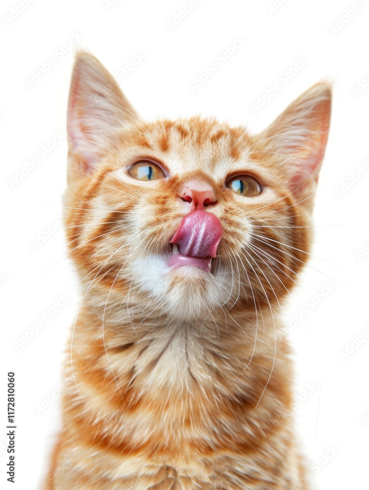 Ginger kitty joyfully licking the screen in bright isolation Ginger kitty joyfully licking the screen in bright isolation