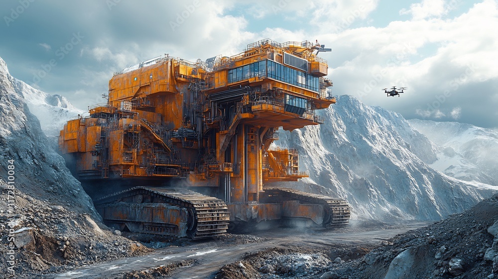 Futuristic Mining Excavator: Digitally Rendered Mountainous Landscape Illustration. AI Generated Futuristic Mining Excavator: Digitally Rendered Mountainous Landscape Illustration. AI Generated
