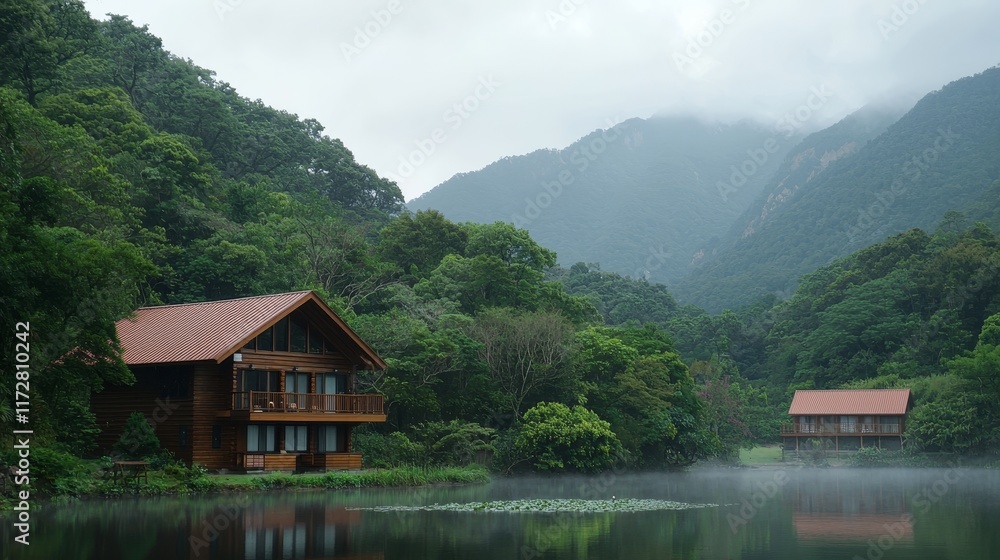 Fototapeta premium Cozy Lakeside Cabin Surrounded by Lush Greenery and Misty Mountains