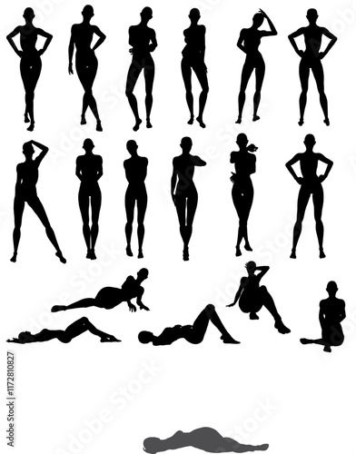 Series of black and white silhouettes of women in various poses. Scene is one of sensuality and confidence