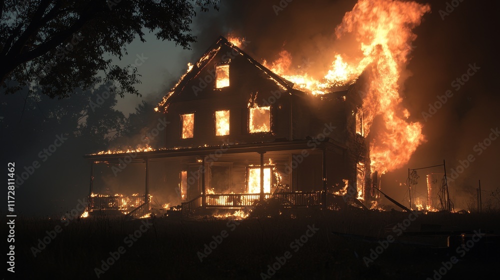 Devastating Scene of a Burning House Engulfed in Flames Against a Night Sky Devastating Scene of a Burning House Engulfed in Flames Against a Night Sky