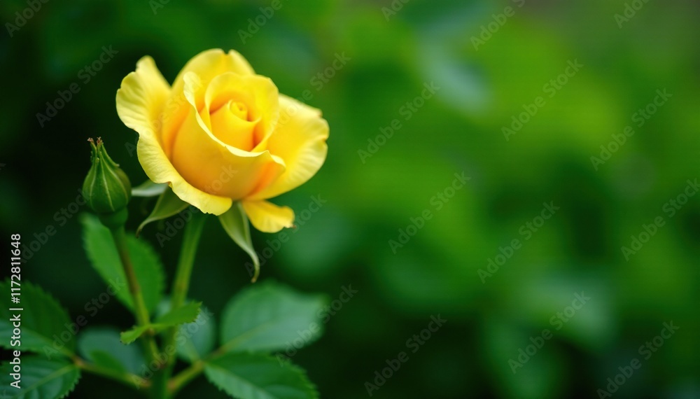 A single yellow rose blooms against a backdrop of lush green foliage, , solitary, flower A single yellow rose blooms against a backdrop of lush green foliage, , solitary, flower