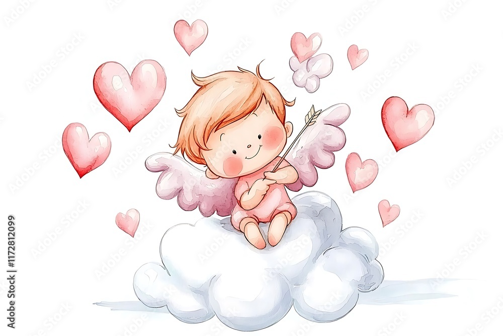 Watercolor style cupid spreading love on valentine's day cloudy sky whimsical art Watercolor style cupid spreading love on valentine's day cloudy sky whimsical art