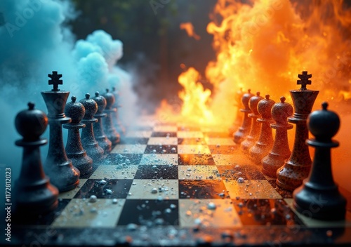 Chess battle between ice and fire with dramatic smoke and flames on a chessboard photo