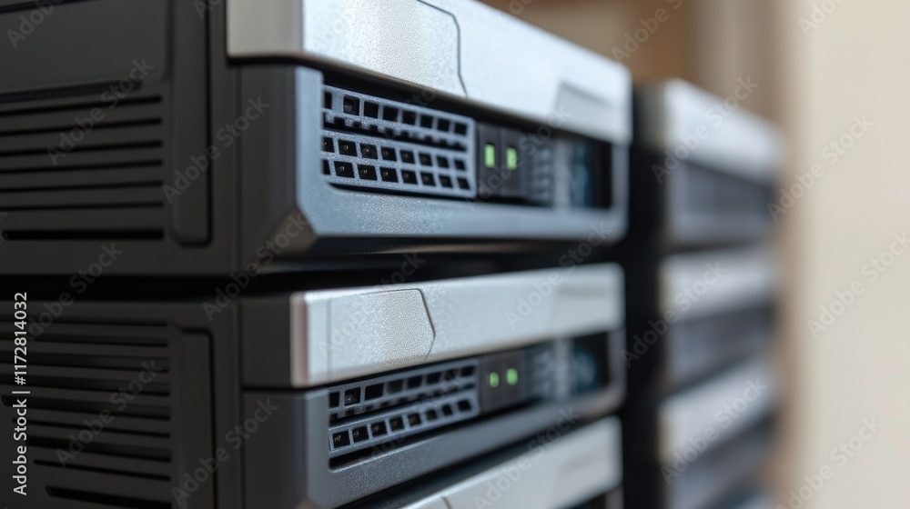 Close-Up of Modern Data Center Server Racks with LED Indicators