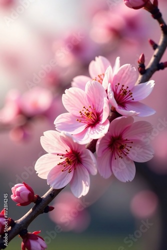 Delicate pink petals unfurl on a blooming cherry blossom branch, branches, trees, pink