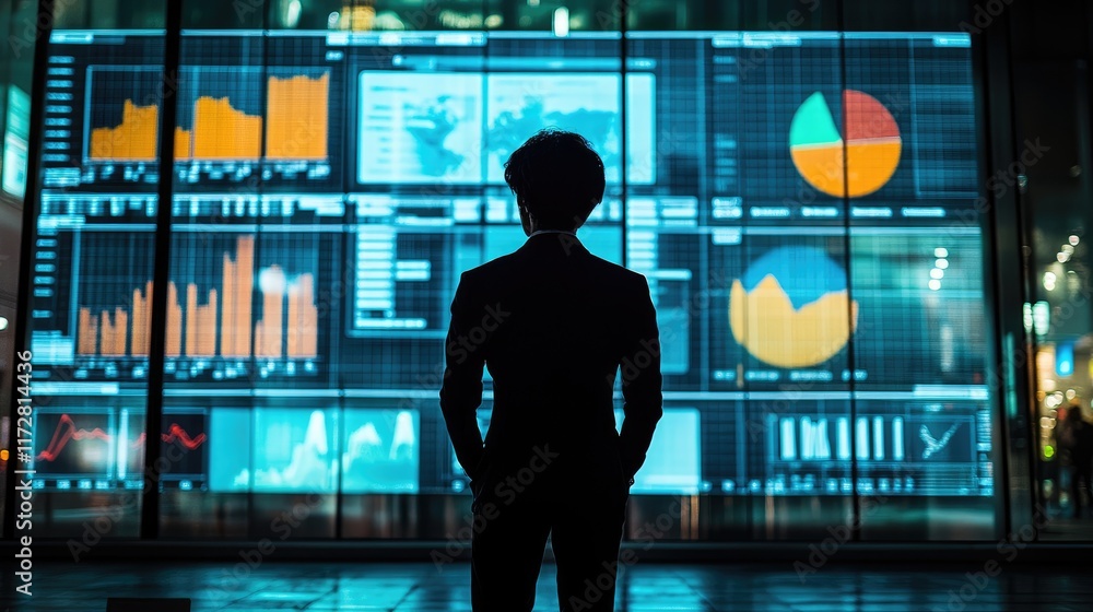 Businessman Analyzing Financial Data on Large Digital Screens in Modern Office Businessman Analyzing Financial Data on Large Digital Screens in Modern Office