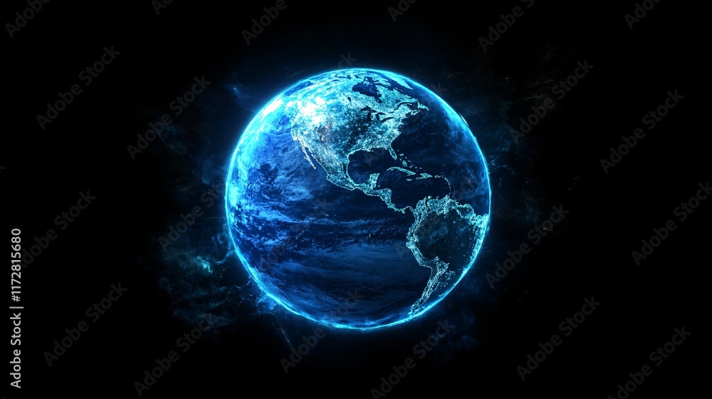 A stunning 3D depiction of Earth illuminated with vibrant blue hues against a black background. A stunning 3D depiction of Earth illuminated with vibrant blue hues against a black background.