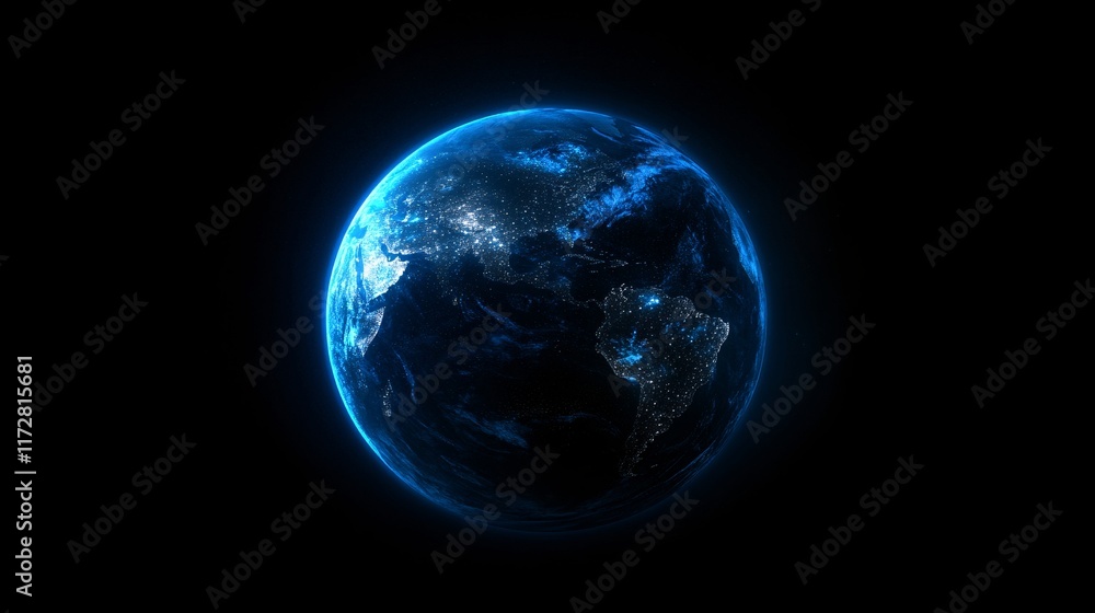 A stunning view of Earth from space, illuminated by city lights, showcasing the vibrant blue oceans and swirling clouds. A stunning view of Earth from space, illuminated by city lights, showcasing the vibrant blue oceans and swirling clouds.
