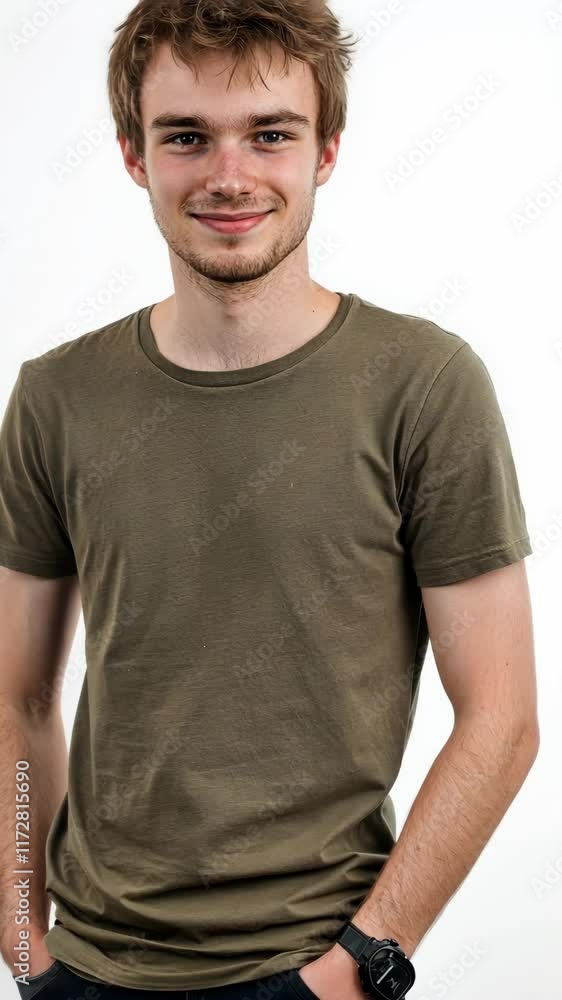 Young man with a confident smile poses against a simple white background in casual attire Young man with a confident smile poses against a simple white background in casual attire