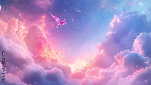 Fototapeta Naklejka Na Ścianę i Meble -  A vibrant magical sky with a powerful dragon flying among shimmering clouds 