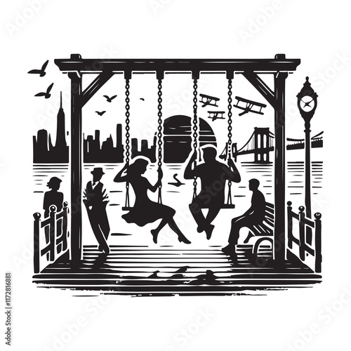 East Coast Swing Silhouette Vector Illustration, Solid White Background.