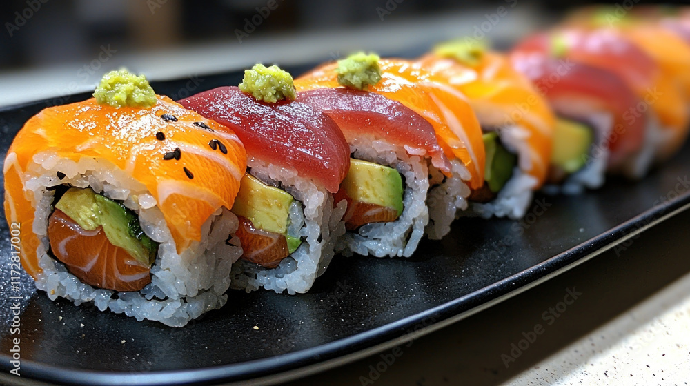 Rainbow sushi roll on black plate in kitchen, ready to serve Rainbow sushi roll on black plate in kitchen, ready to serve