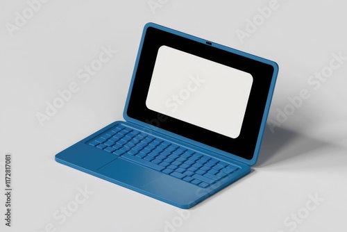 A blue laptop with a blank screen on a white background