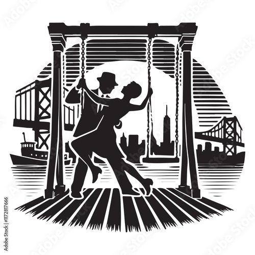 East Coast Swing Silhouette Vector Illustration, Solid White Background.