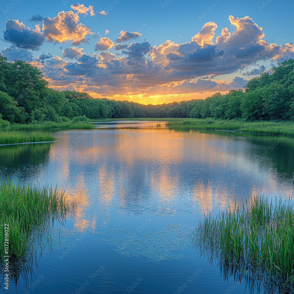 Forest lake sunset reflection with dramatic sky