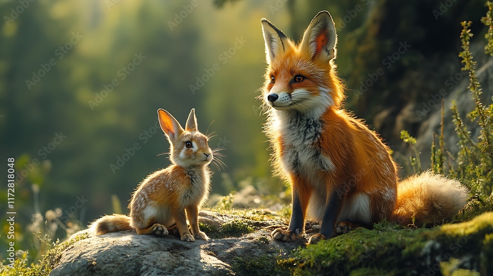 Fototapeta premium Autumn Wildlife Rabbit Fox Forest Photo