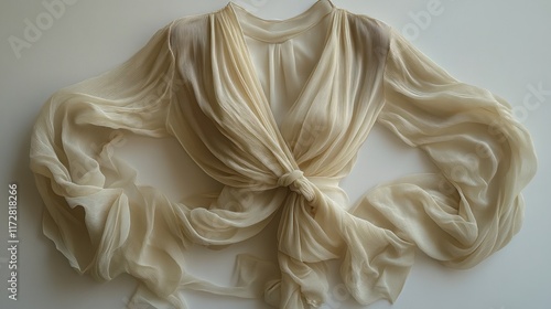 Beige pleated silk blouse, knotted front.