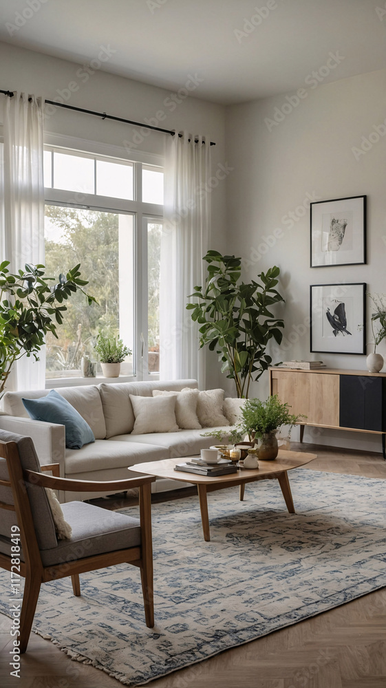 Fototapeta premium Cozy and bright traditional rural living room with neutral toned couch expansive windows and wool rug under the furniture