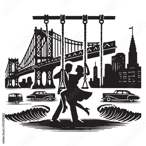 East Coast Swing Silhouette Vector Illustration, Solid White Background.