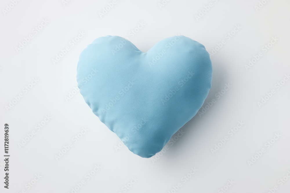 A light blue heart shaped pillow on a white background. A light blue heart shaped pillow on a white background.