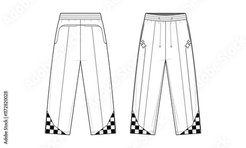 Y2K Relaxed Sweatpants Technical Fashion Illustration. Pants vector template illustration. Front and back view. Relaxed fit. Elastic waistband. Checkered hem detail. Lounge wear. White. CAD mockup