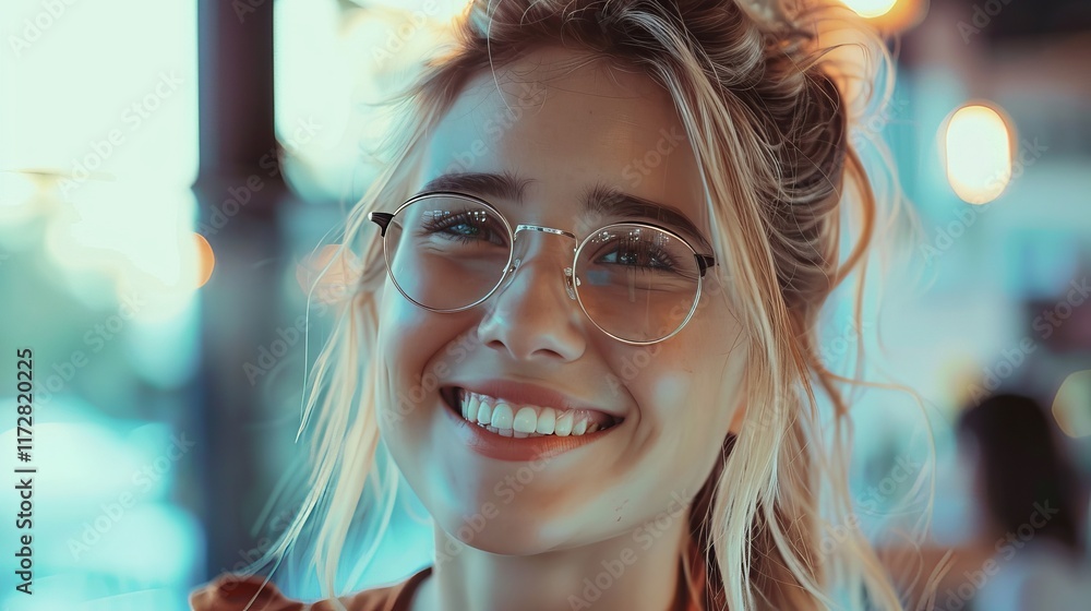 Smiling young woman with glasses in a warm-lit cafe setting. Smiling young woman with glasses in a warm-lit cafe setting.