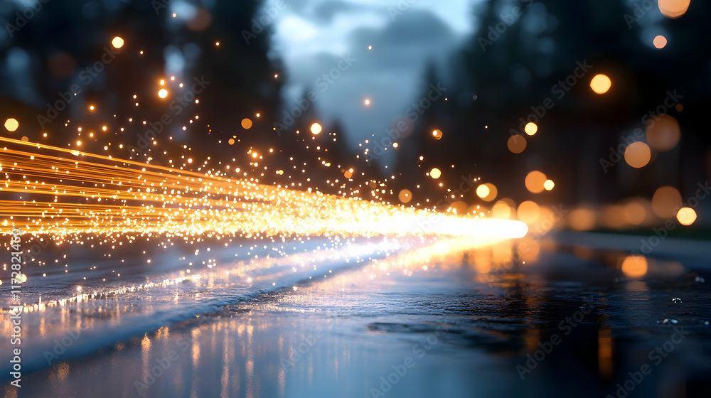 Glowing light streak on wet road at night, blurred forest background; perfect for technology, speed, or futuristic concepts Glowing light streak on wet road at night, blurred forest background; perfect for technology, speed, or futuristic concepts