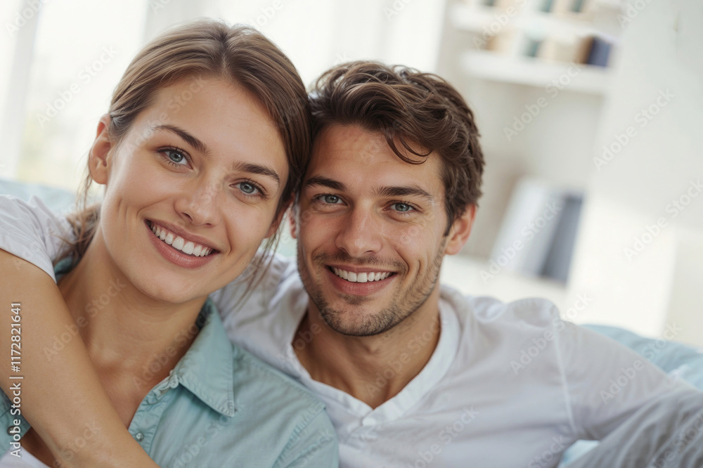Portrait of happy young couple is smiling and hugging each other and looking at camera Portrait of happy young couple is smiling and hugging each other and looking at camera