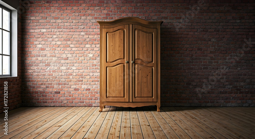 An empty, dark room, abandoned place with an old wooden wardrobe in front of a brick wall, grunge style