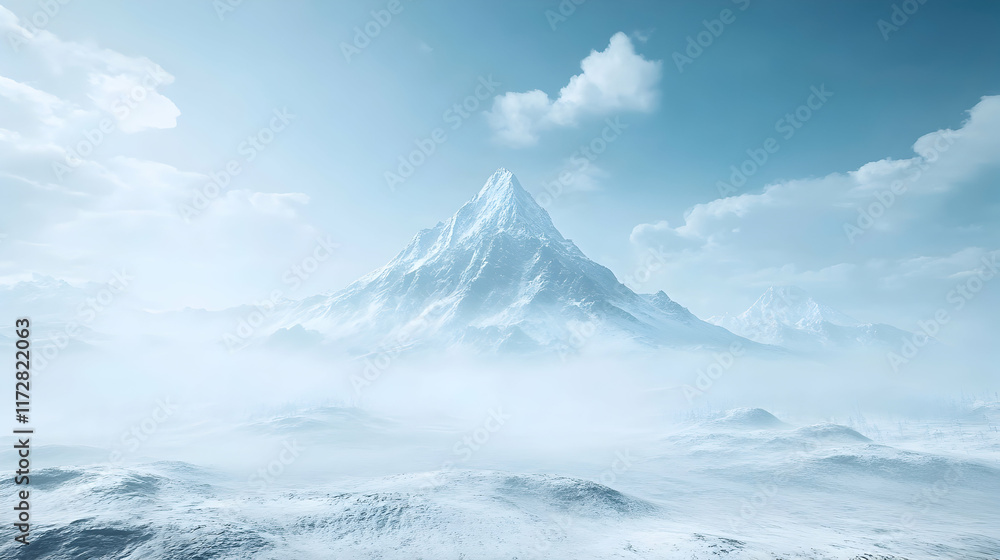 Majestic snow-capped mountain peak rising above a misty, winter landscape. Serene, cold, and breathtaking view. Majestic snow-capped mountain peak rising above a misty, winter landscape. Serene, cold, and breathtaking view.