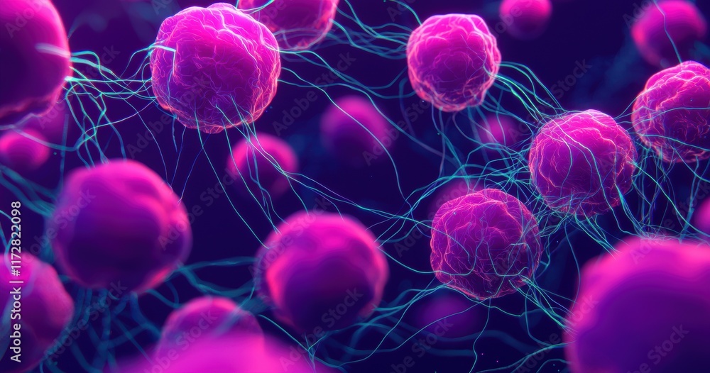 Futuristic Close-Up View of Vibrant Pink Microorganisms in Motion Futuristic Close-Up View of Vibrant Pink Microorganisms in Motion