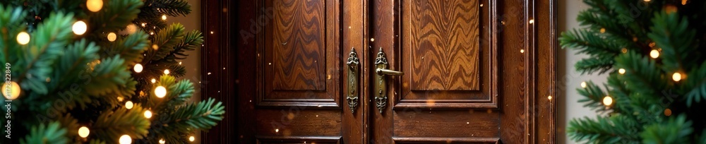Wooden door decorated with lush greenery and sparkles, festive, decoration Wooden door decorated with lush greenery and sparkles, festive, decoration
