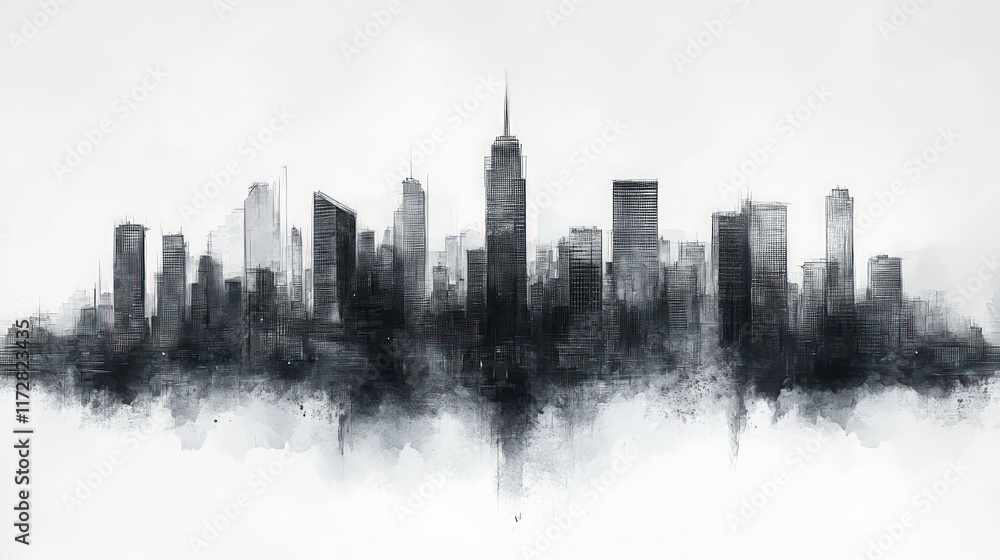 Obraz premium Sketchy cityscape, monochrome, urban skyline.