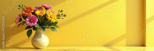 Wallpaper Mural Yellow marble table top with a vase and flowers arrangement, tabletop, flowers Torontodigital.ca