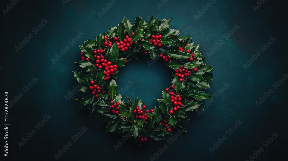 Festive holly wreath with red berries on a dark teal background. Festive holly wreath with red berries on a dark teal background.