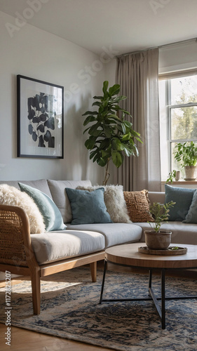 Serene traditional rural living room with neutral sofa large windows and a vintage rug beneath furniture