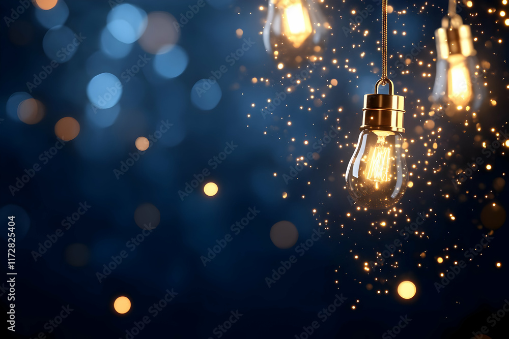 Obraz premium Glowing Edison bulbs hanging against a dark blue bokeh background, ideal for celebratory or inspirational designs