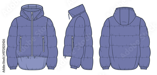 Hooded Puffer Jacket technical fashion Illustration. Down Jacket fashion flat technical drawing template, pockets, asymmetric hem, front, side and back view, violet, women, men, unisex CAD mockup set.