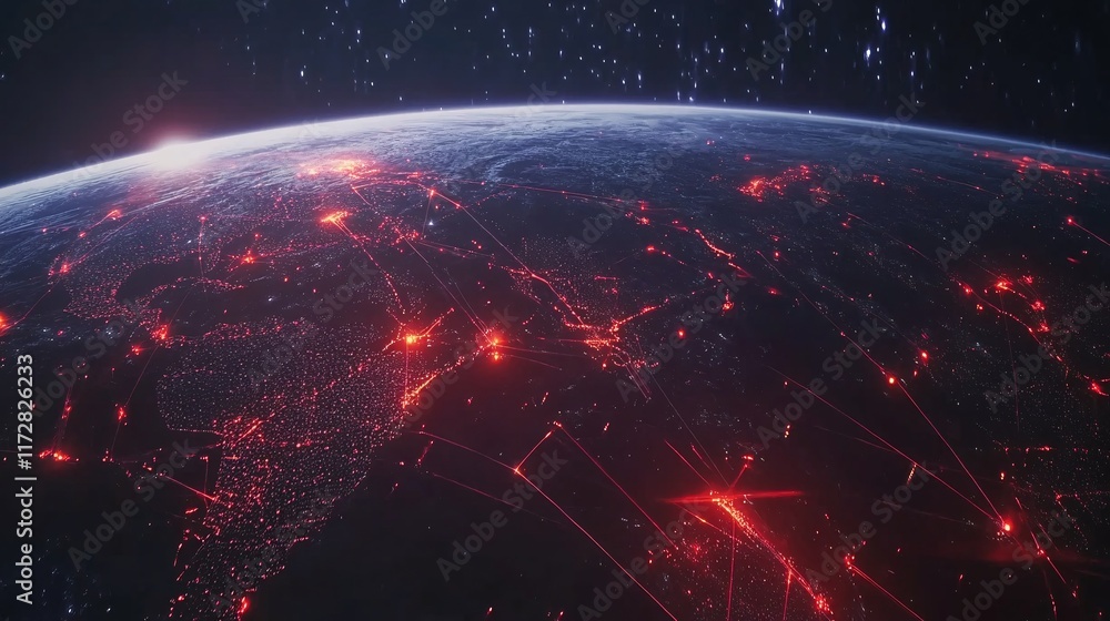A mesmerizing view of Earth from space, showcasing vibrant light connections across cities and continents. A mesmerizing view of Earth from space, showcasing vibrant light connections across cities and continents.