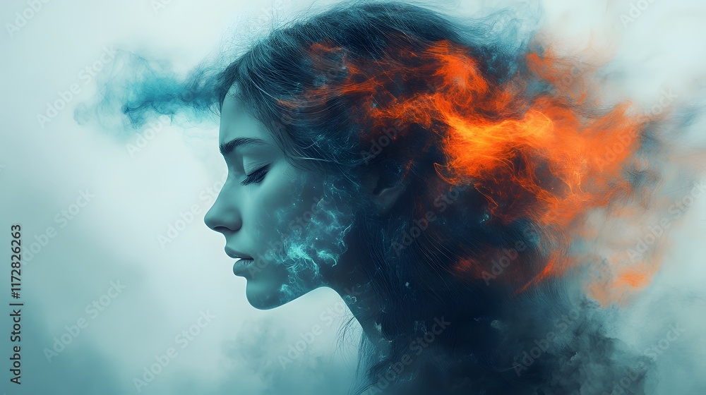 A dreamy portrait of a woman, her form merging with swirling fire and ice. An artistic expression of inner conflict or balance. A dreamy portrait of a woman, her form merging with swirling fire and ice. An artistic expression of inner conflict or balance.