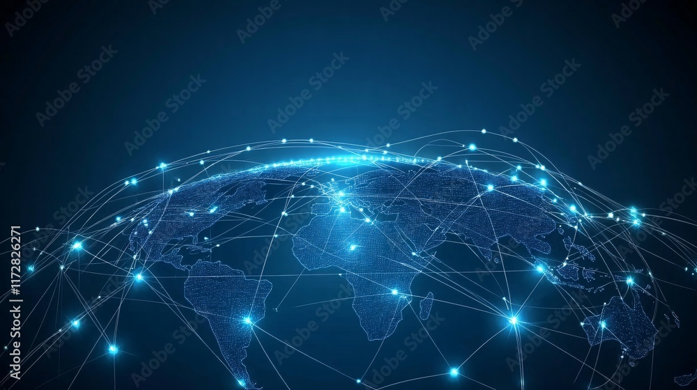 Naklejka premium A digital illustration of the world interconnected with glowing network lines, symbolizing global communication.