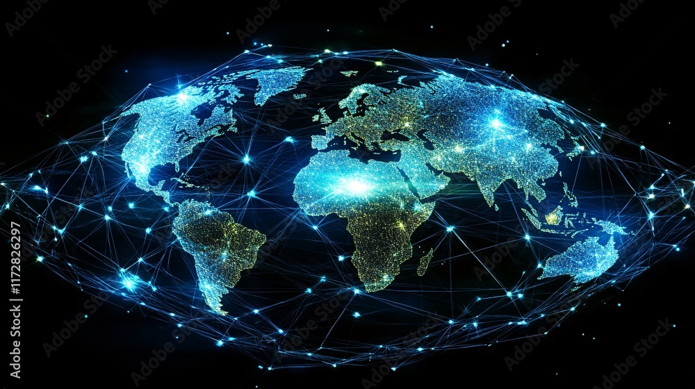 Fototapeta premium A stunning digital illustration of a glowing world map interconnected by vibrant networks of light.