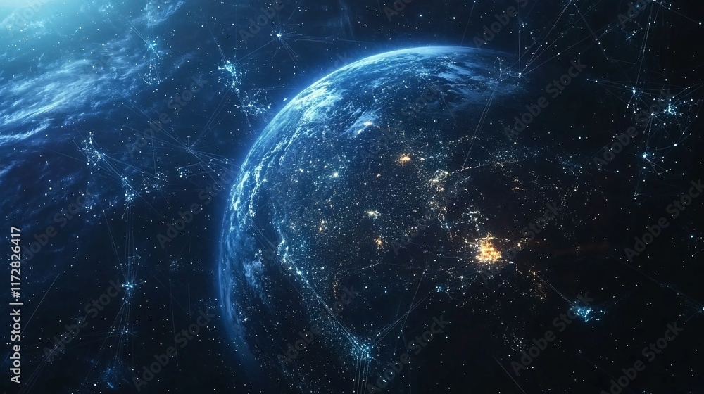 Fototapeta premium A breathtaking view of Earth from space, illuminated by vibrant city lights against a starry backdrop.