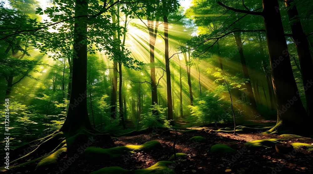 Fototapeta premium Sunlight Streaming Through a Green Forest, background 